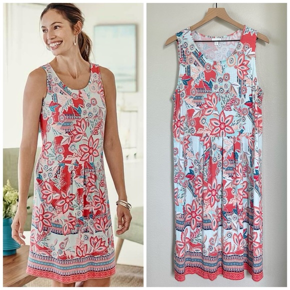 J. Jill Dresses & Skirts - J JILL XL Tall Mixed Print Sleeveless Tropical Floral Coral Blue Tank Midi Dress